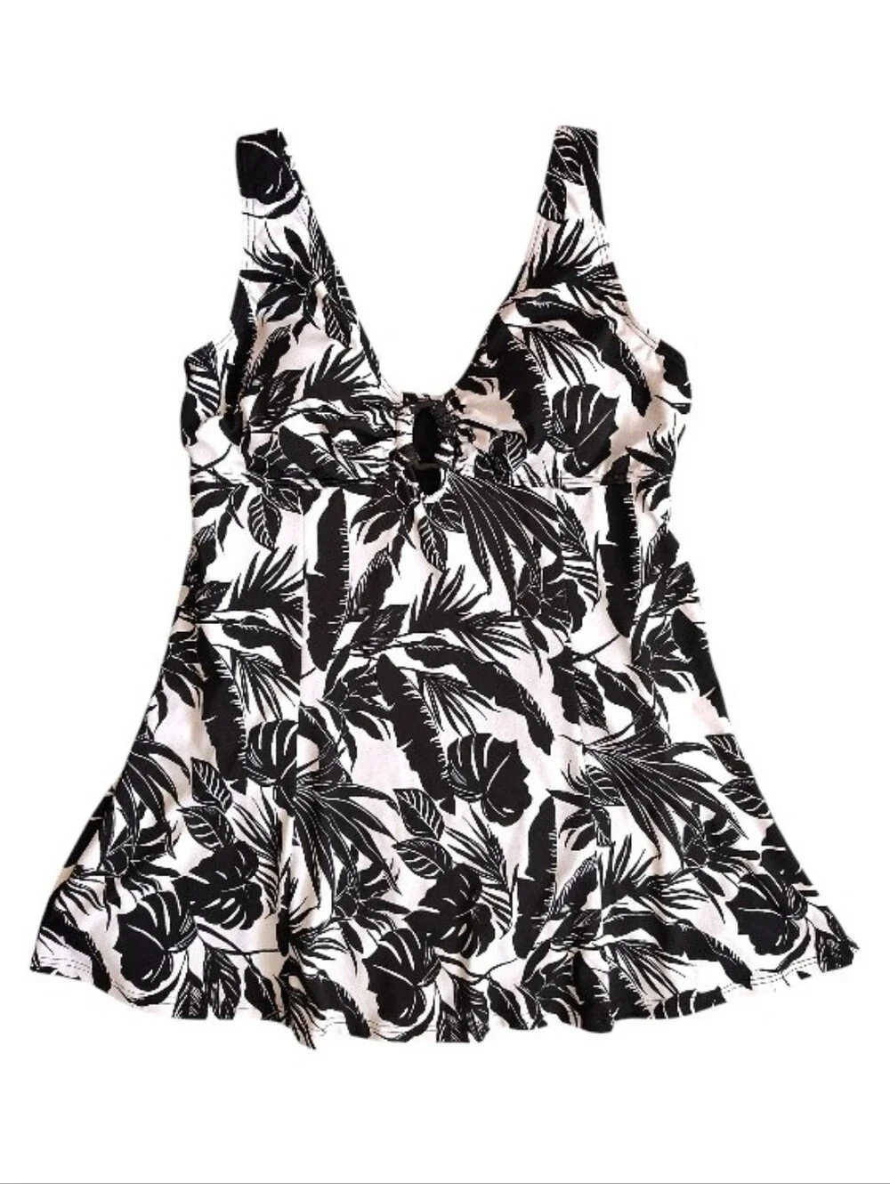 Fit 4U Black White Tropical One Piece Swimsuit Dress SZ 10 Fit 4 Ur Thighs